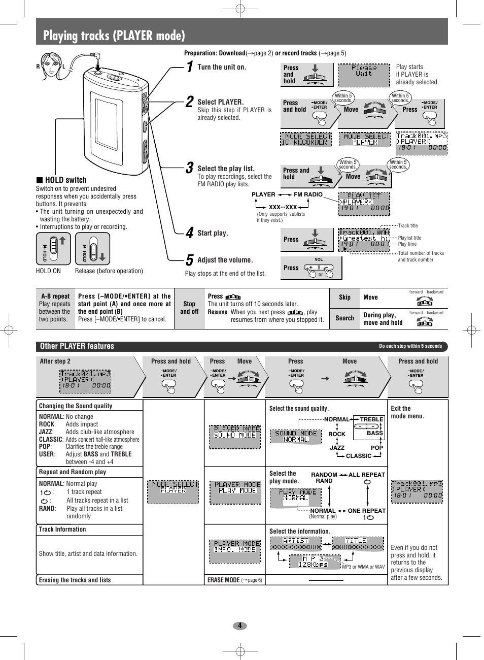 Playing tracks (player mode) | Panasonic SV-MP30V User Manual | Page 4 / 6