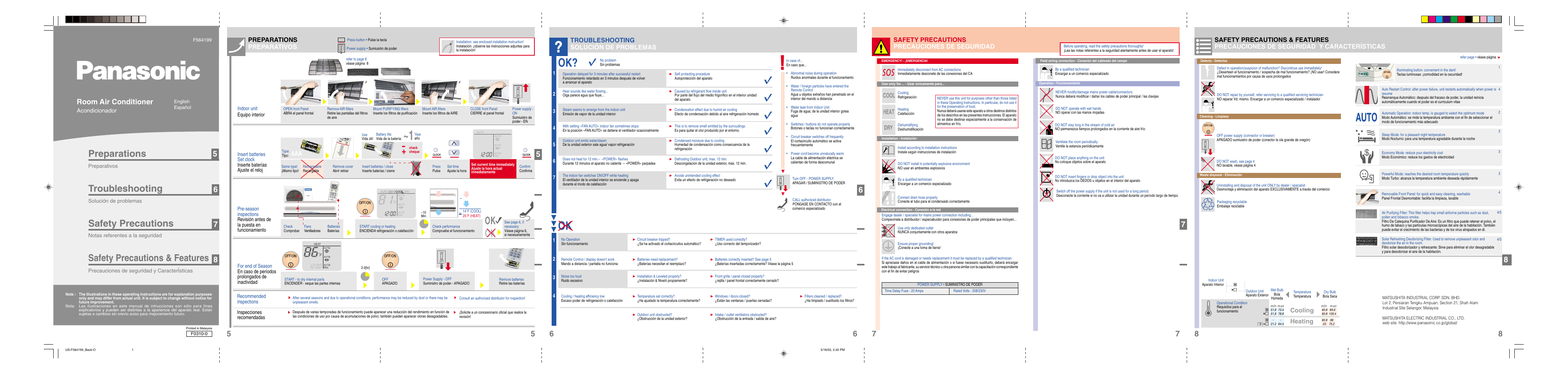 Safety precautions & features, Preparations, Troubleshooting | Safety precautions, Room air conditioner, Preparations preparativos, Troubleshooting solución de problemas, Safety precautions precauciones de seguridad, Cooling, Heating | Panasonic CS-A24CKPG User Manual | Page 10 / 10