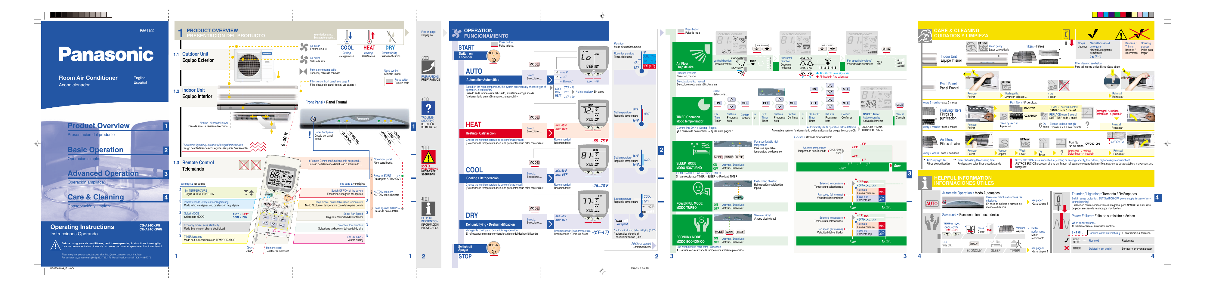 Care & cleaning, Product overview, Basic operation | Advanced operation, Auto cool dry, Heat, Operating instructions, Start, Stop, Room air conditioner | Panasonic CS-A24CKPG User Manual | Page 6 / 10