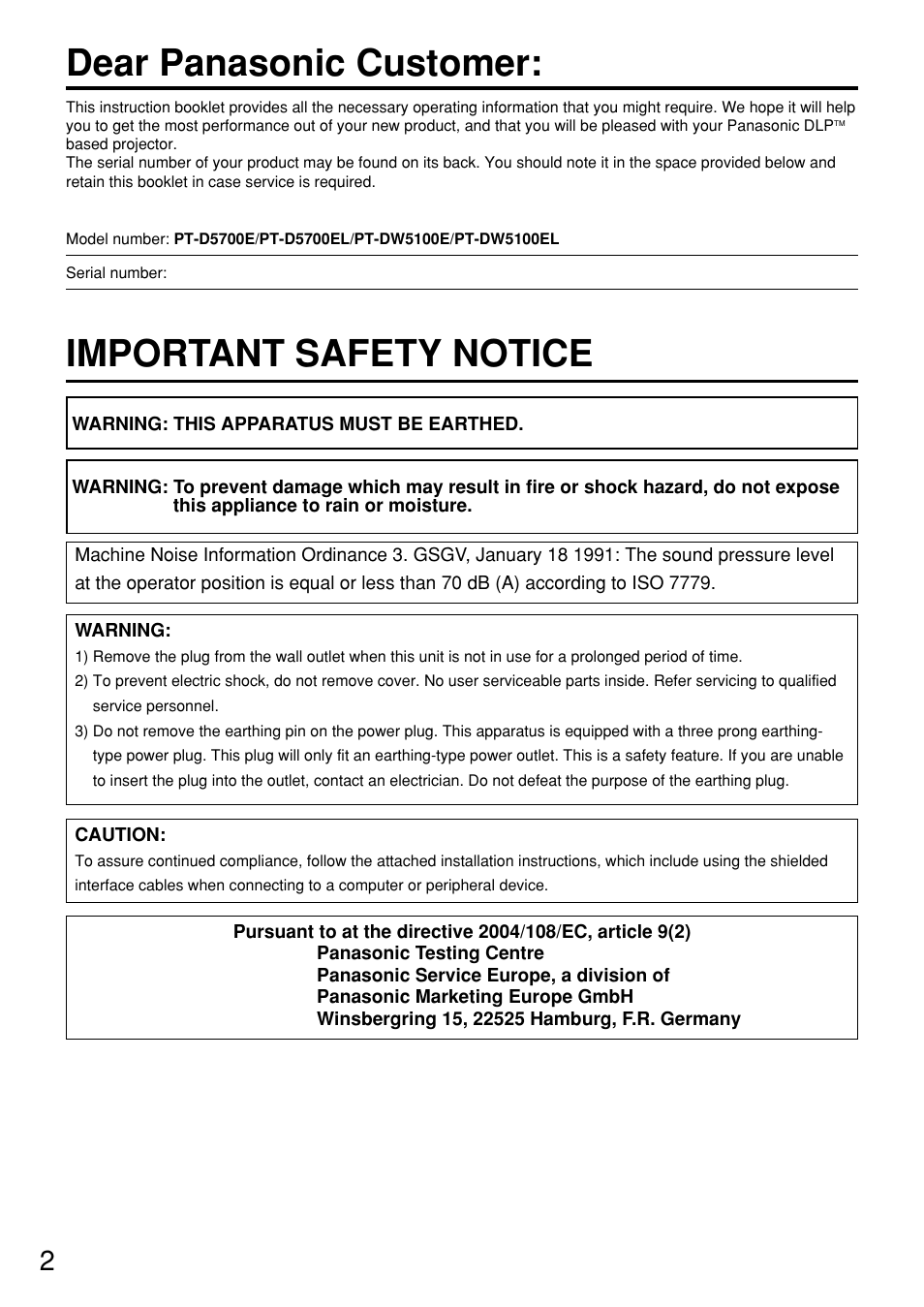 Dear panasonic customer, Important safety notice | Panasonic PT-D5700EL User Manual | Page 2 / 64