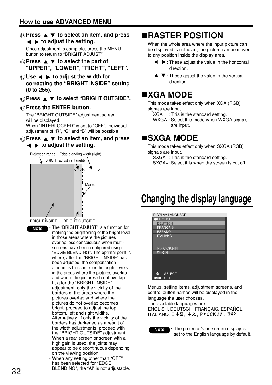 Changing the display language, Raster position, Xga mode | Sxga mode, How to use advanced menu | Panasonic PT-D5700EL User Manual | Page 32 / 64