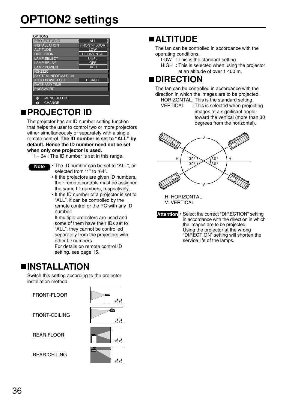 Option2 settings, Projector id, Installation | Altitude, Direction | Panasonic PT-D5700EL User Manual | Page 36 / 64