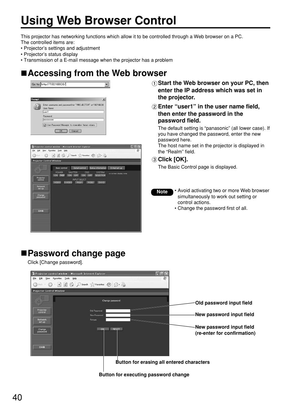 Using web browser control, Accessing from the web browser, Password change page | Panasonic PT-D5700EL User Manual | Page 40 / 64