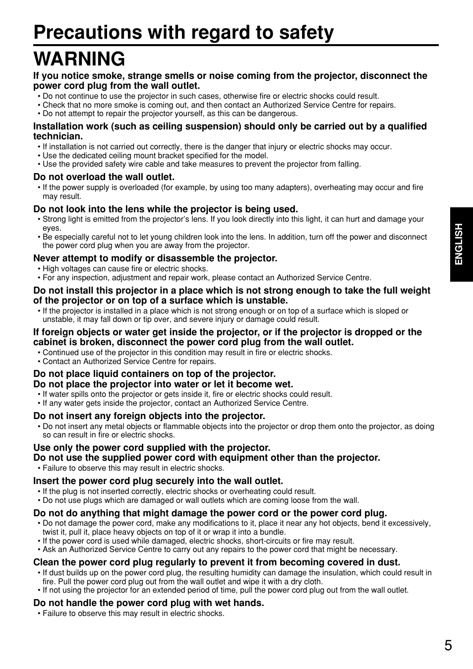 Precautions with regard to safety, Warning | Panasonic PT-D5700EL User Manual | Page 5 / 64