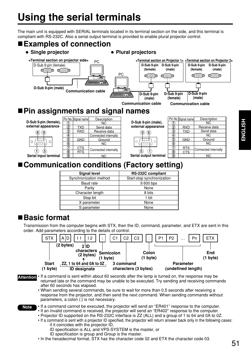 Using the serial terminals, Examples of connection, English | Single projector plural projectors | Panasonic PT-D5700EL User Manual | Page 51 / 64