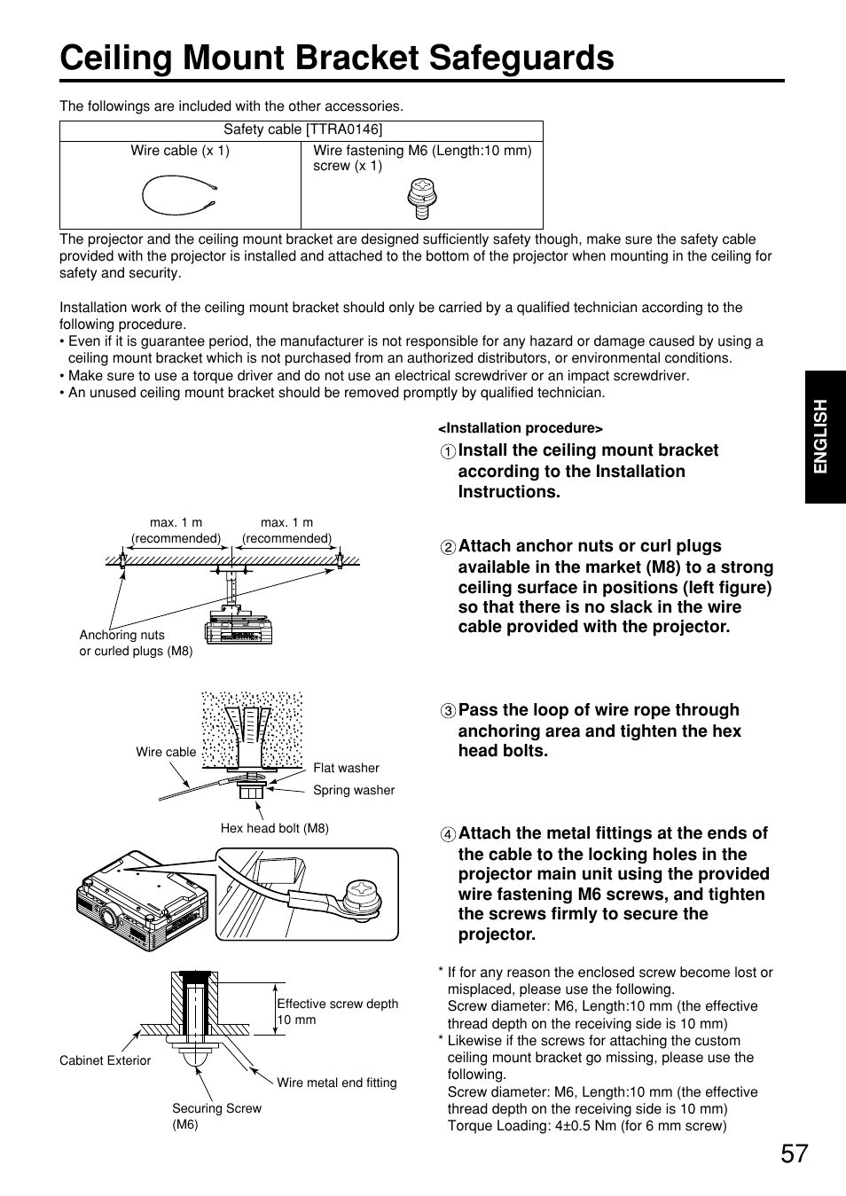 Ceiling mount bracket safeguards | Panasonic PT-D5700EL User Manual | Page 57 / 64