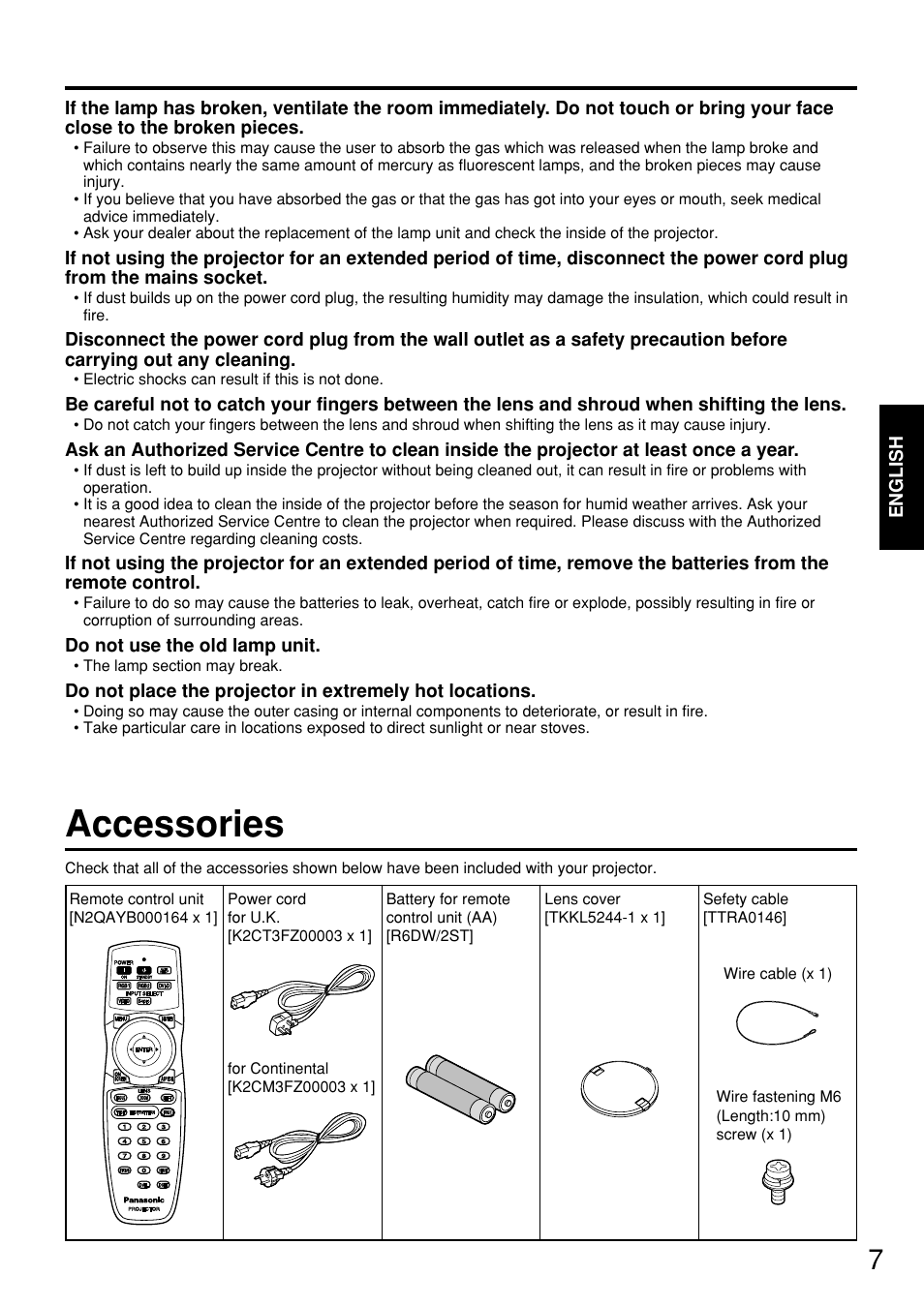 Accessories | Panasonic PT-D5700EL User Manual | Page 7 / 64