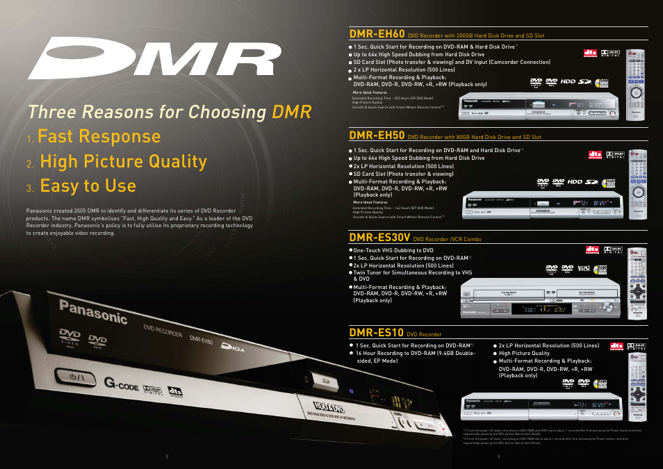Three reasons for choosing dmr, Fast response, High picture quality | Easy to use, Dmr-eh50, Dmr-es30v, Dmr-es10, Dmr-eh60 | Panasonic 2005 User Manual | Page 2 / 8