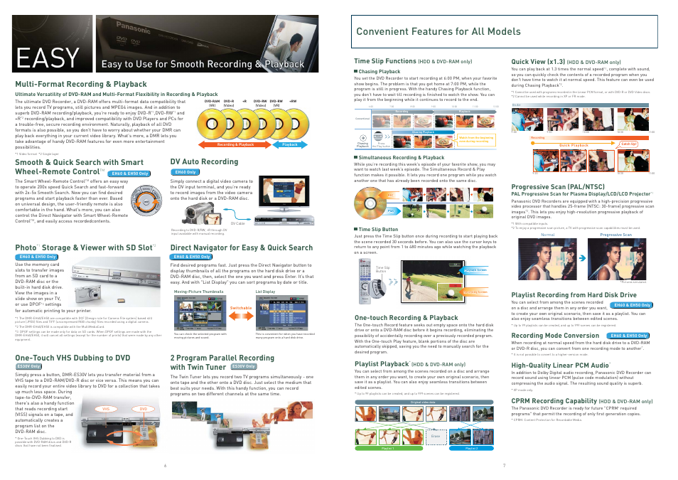 Convenient features for all models, Multi-format recording & playback, Photo | Storage & viewer with sd slot, Direct navigator for easy & quick search, 2 program parallel recording with twin tuner, One-touch vhs dubbing to dvd, Dv auto recording, Time slip functions, Quick view (x1.3) | Panasonic 2005 User Manual | Page 6 / 8