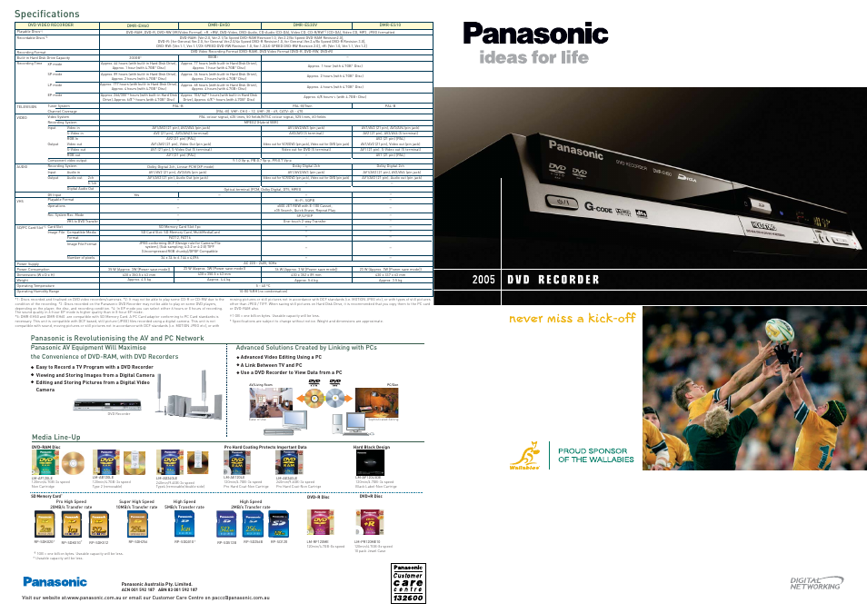 Specifications, Media line-up, Panasonic is revolutionising the av and pc network | Panasonic 2005 User Manual | Page 8 / 8