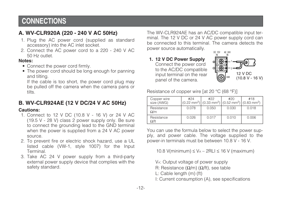 Connections | Panasonic WV-CLR920A User Manual | Page 12 / 50