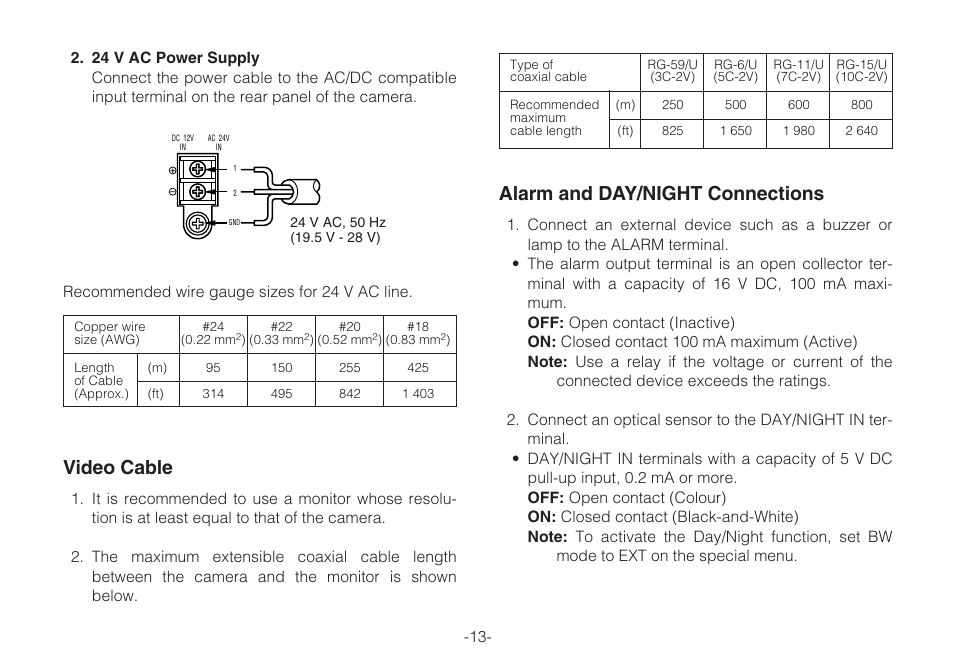 Video cable, Alarm and day/night connections | Panasonic WV-CLR920A User Manual | Page 13 / 50