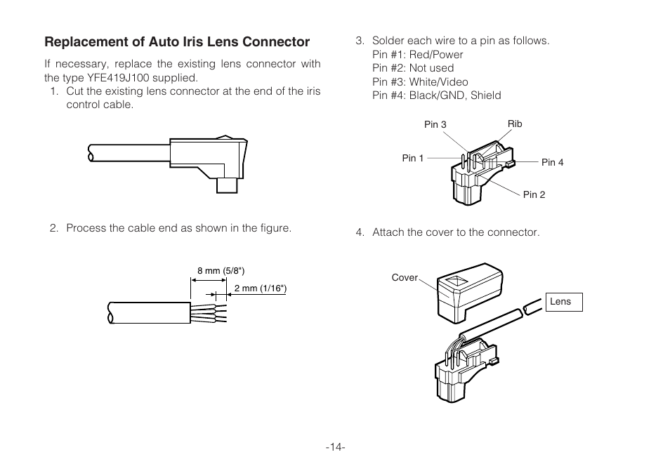 Replacement of auto iris lens connector | Panasonic WV-CLR920A User Manual | Page 14 / 50