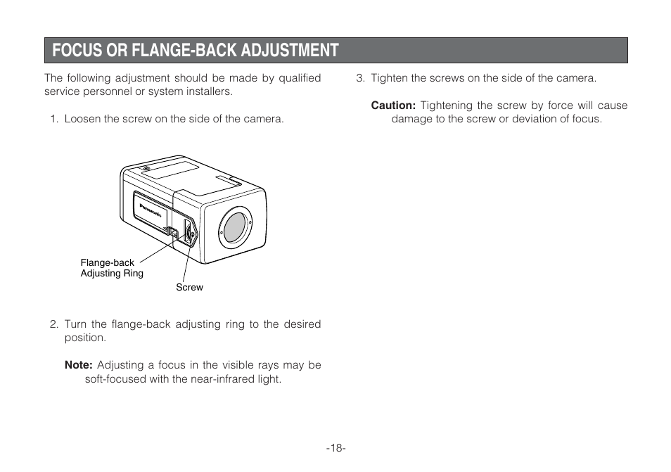 Focus or flange-back adjustment | Panasonic WV-CLR920A User Manual | Page 18 / 50