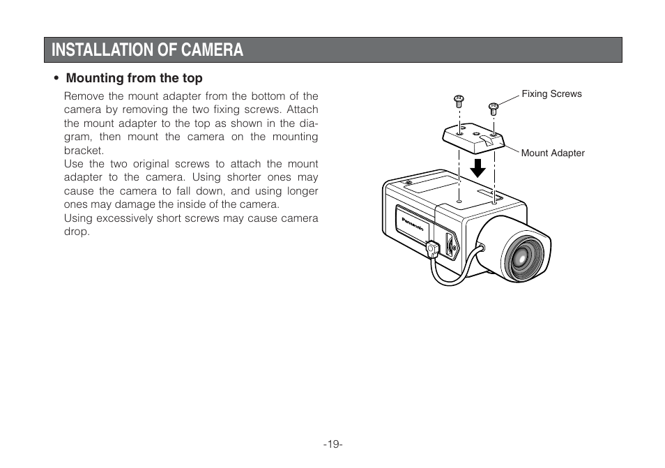 Installation of camera | Panasonic WV-CLR920A User Manual | Page 19 / 50