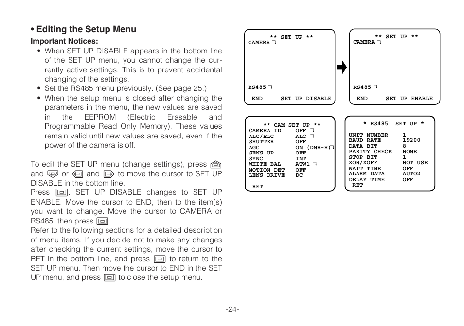 Editing the setup menu | Panasonic WV-CLR920A User Manual | Page 24 / 50