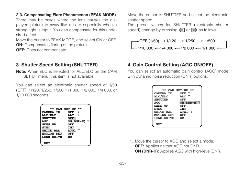 Shutter speed setting (shutter), Gain control setting (agc on/off) | Panasonic WV-CLR920A User Manual | Page 33 / 50