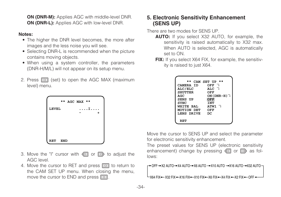 Electronic sensitivity enhancement (sens up) | Panasonic WV-CLR920A User Manual | Page 34 / 50