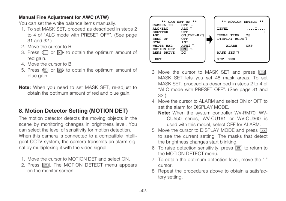 Motion detector setting (motion det) | Panasonic WV-CLR920A User Manual | Page 42 / 50