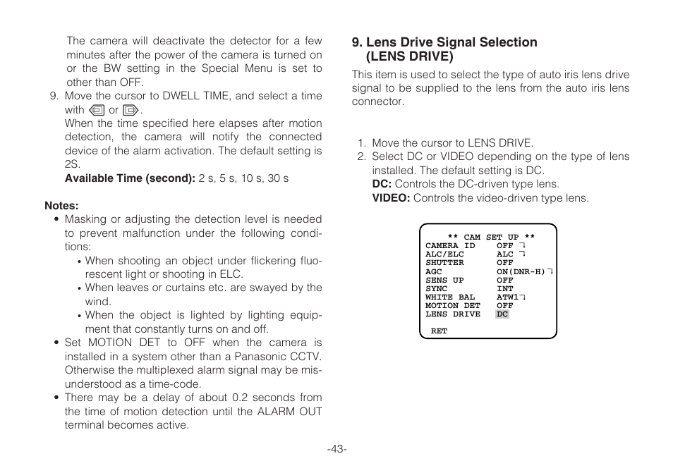 Lens drive signal selection (lens drive) | Panasonic WV-CLR920A User Manual | Page 43 / 50