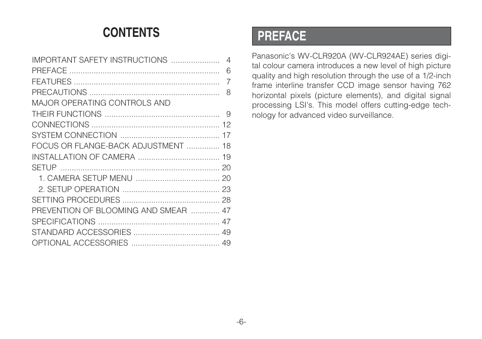 Panasonic WV-CLR920A User Manual | Page 6 / 50