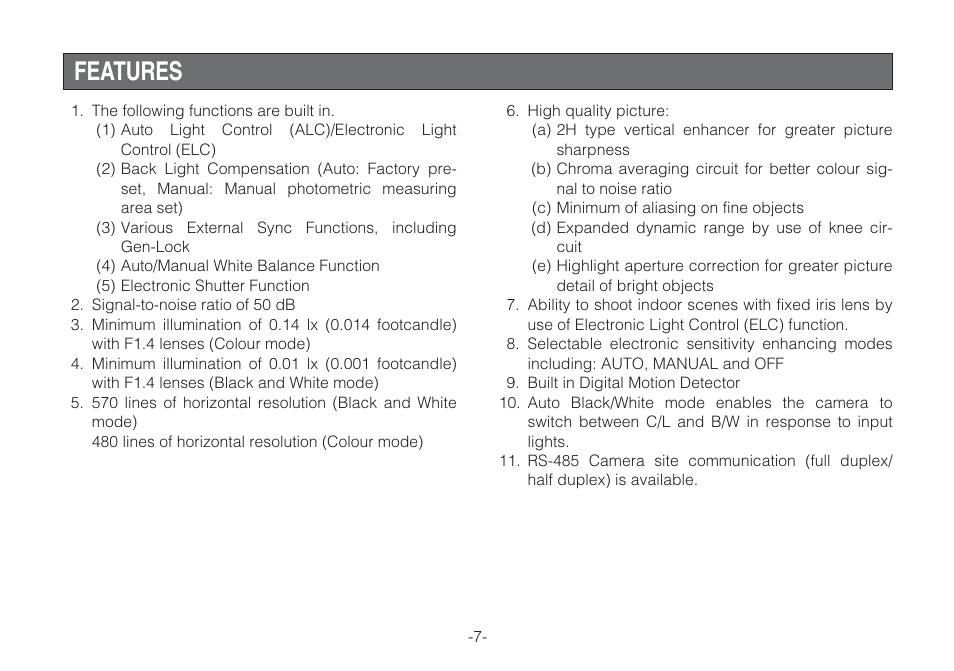 Features | Panasonic WV-CLR920A User Manual | Page 7 / 50