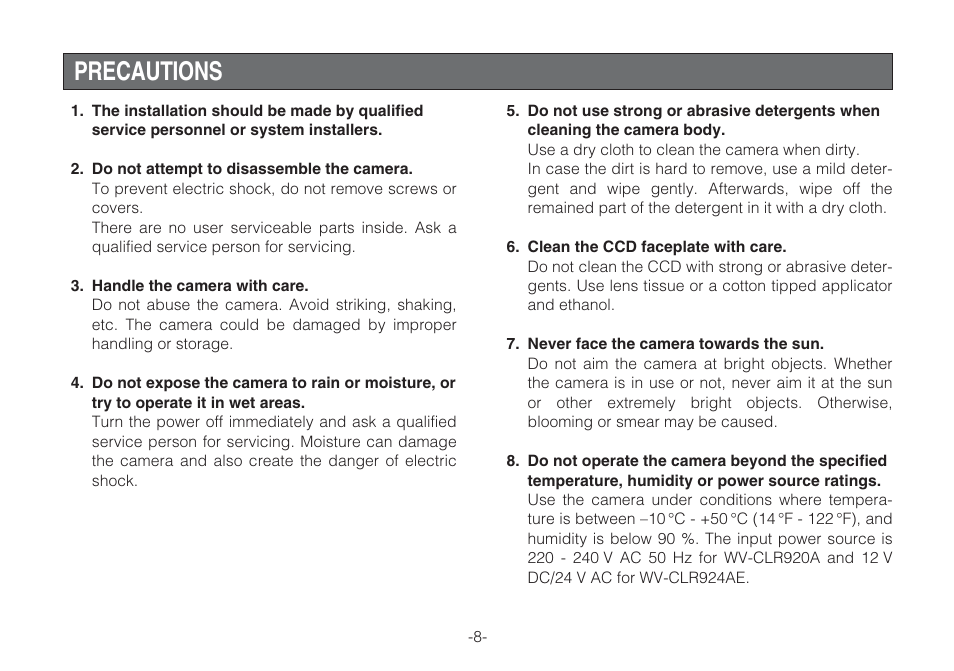 Precautions | Panasonic WV-CLR920A User Manual | Page 8 / 50