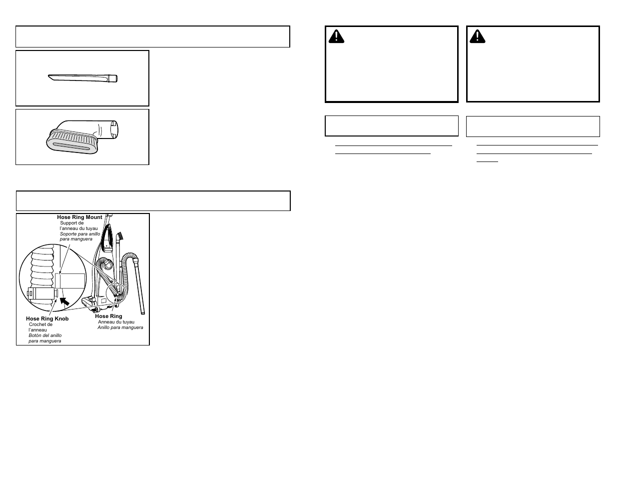 Tool usage, Hose ring and hose mount, Avertissement | Advertencia, Hose ring and hose ring mount | Panasonic MC-V5737 User Manual | Page 20 / 48