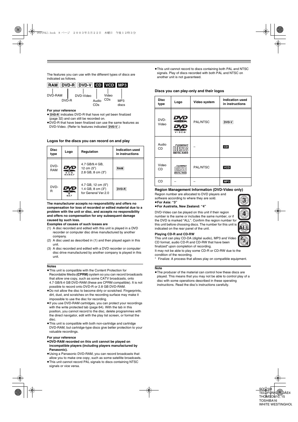 Discs, Discs you can use, Ram] [dvd-r] [dvd-v] [cd] [vcd] [mp3 | Discs you can use for recording and play, Play-only discs | Panasonic DMR-E51 User Manual | Page 8 / 70
