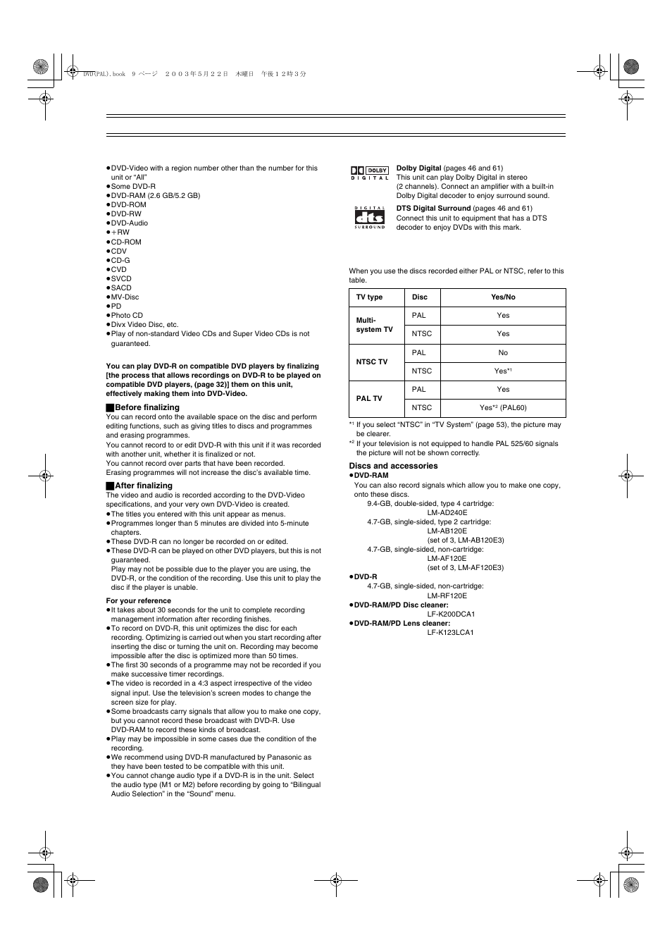 Discs that cannot be played, Audio format logos, Types of disc for the type of connected tv | Panasonic DMR-E51 User Manual | Page 9 / 70