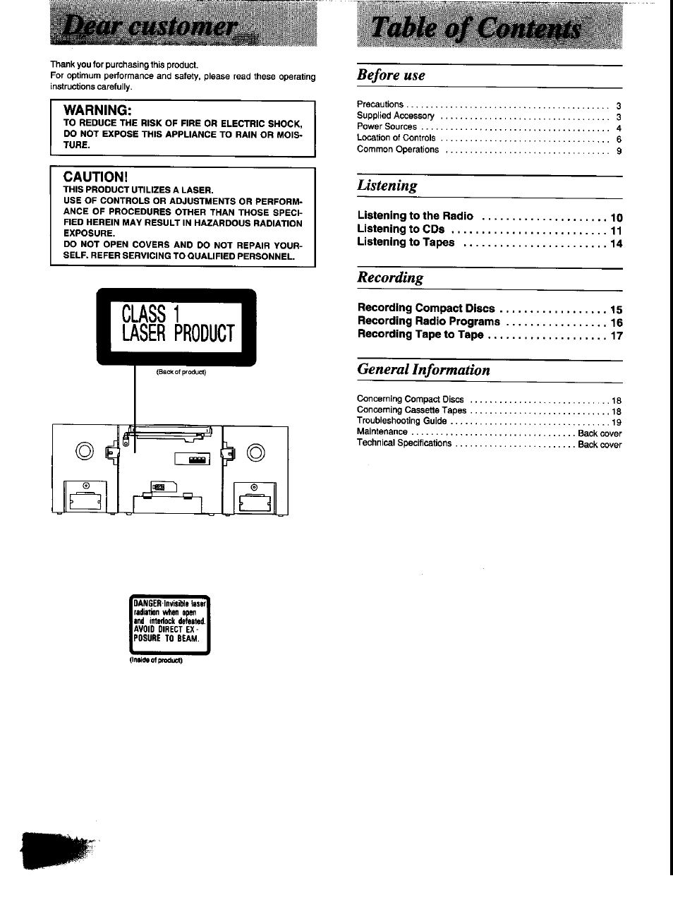 Table of centers, Before use, Listening | Recording, General information | Panasonic RX-DT600 User Manual | Page 2 / 20