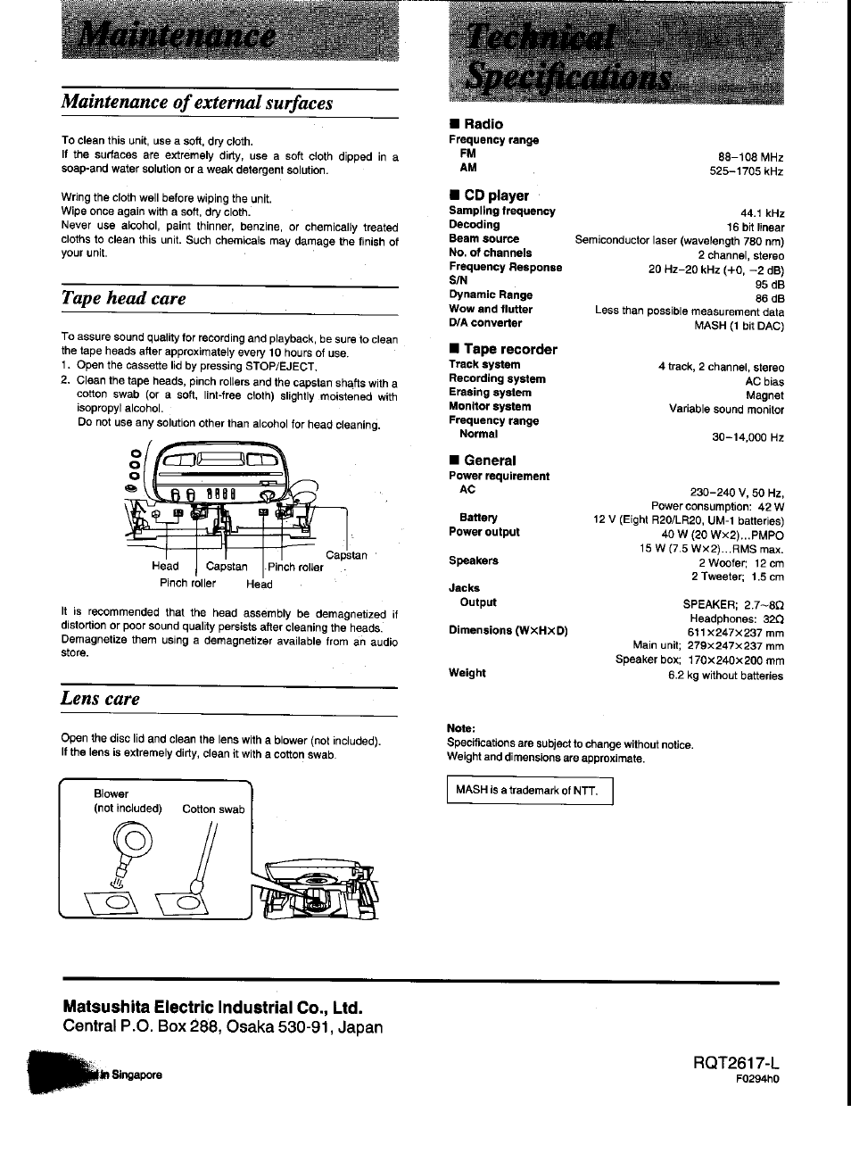 Tape head care, Lens care, Radio | Cd player, Tape recorder, General, Matsushita electric industrial co., ltd, Maintenance of external surfaces | Panasonic RX-DT600 User Manual | Page 20 / 20