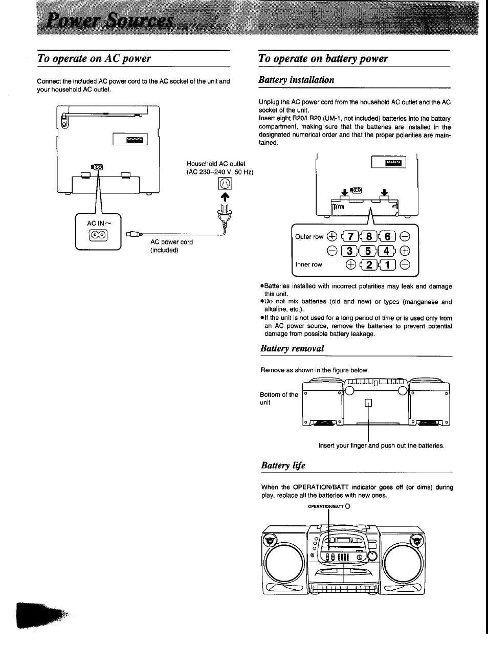 To operate on ac power, To operate on battery power, Cdcd | Ij 7 k 8 k 6, Battery installation, Battery removal, Battery life | Panasonic RX-DT600 User Manual | Page 4 / 20