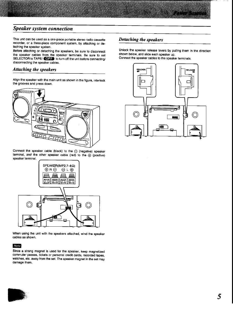 Speaker system connection, Attaching the speakers, Detaching the speakers | Panasonic RX-DT600 User Manual | Page 5 / 20
