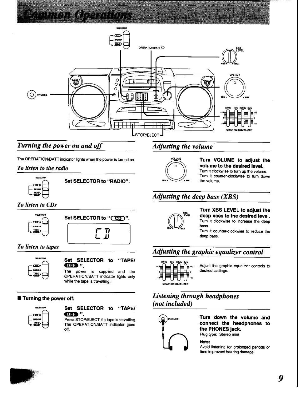 Adjusting the deep bass (xbs), Adjusting the graphic equalizer control, Listening through headphones (not included) | Panasonic RX-DT600 User Manual | Page 9 / 20