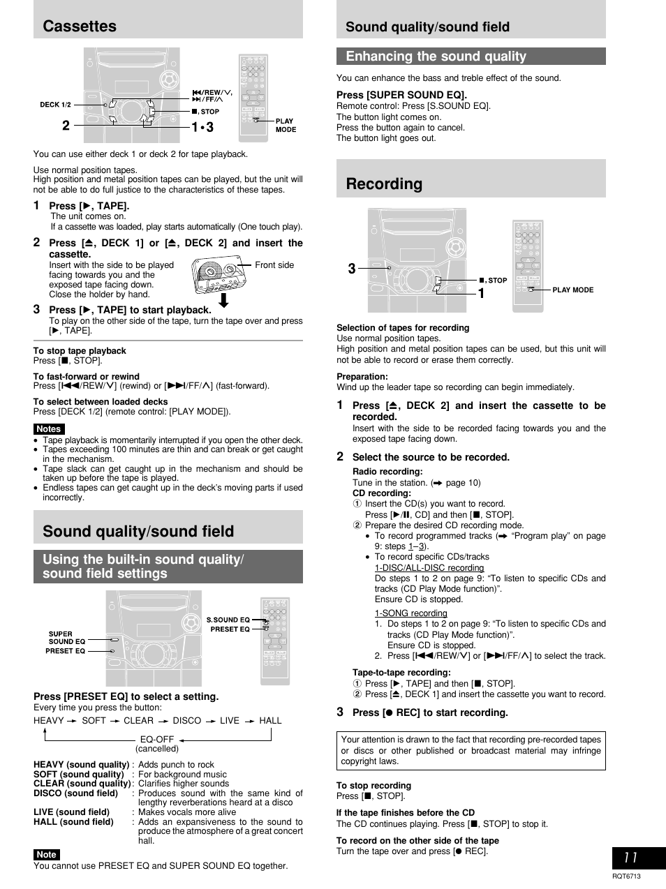 Cassettes, Sound quality/sound field recording, Sound quality/sound field | Press [ : , tape, Press [ : , tape] to start playback, Press [super sound eq, Band, Press [preset eq] to select a setting, Select the source to be recorded, Press [ a rec] to start recording | Panasonic SC-AK210 User Manual | Page 11 / 16