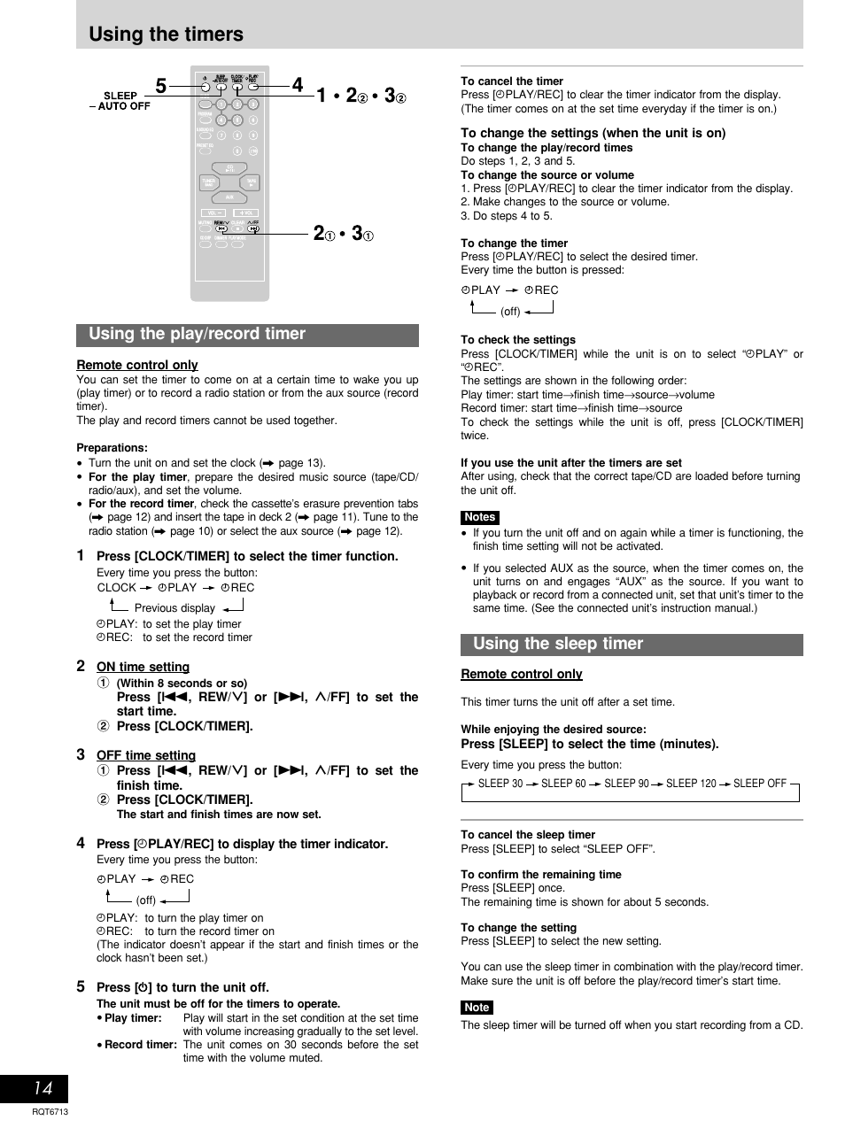 Using the timers, Using the sleep timer, Using the play/record timer | Remote control only, Press [sleep] to select the time (minutes), Press [clock/timer] to select the timer function, On time setting 1, Press [ r play/rec] to display the timer indicator | Panasonic SC-AK210 User Manual | Page 14 / 16