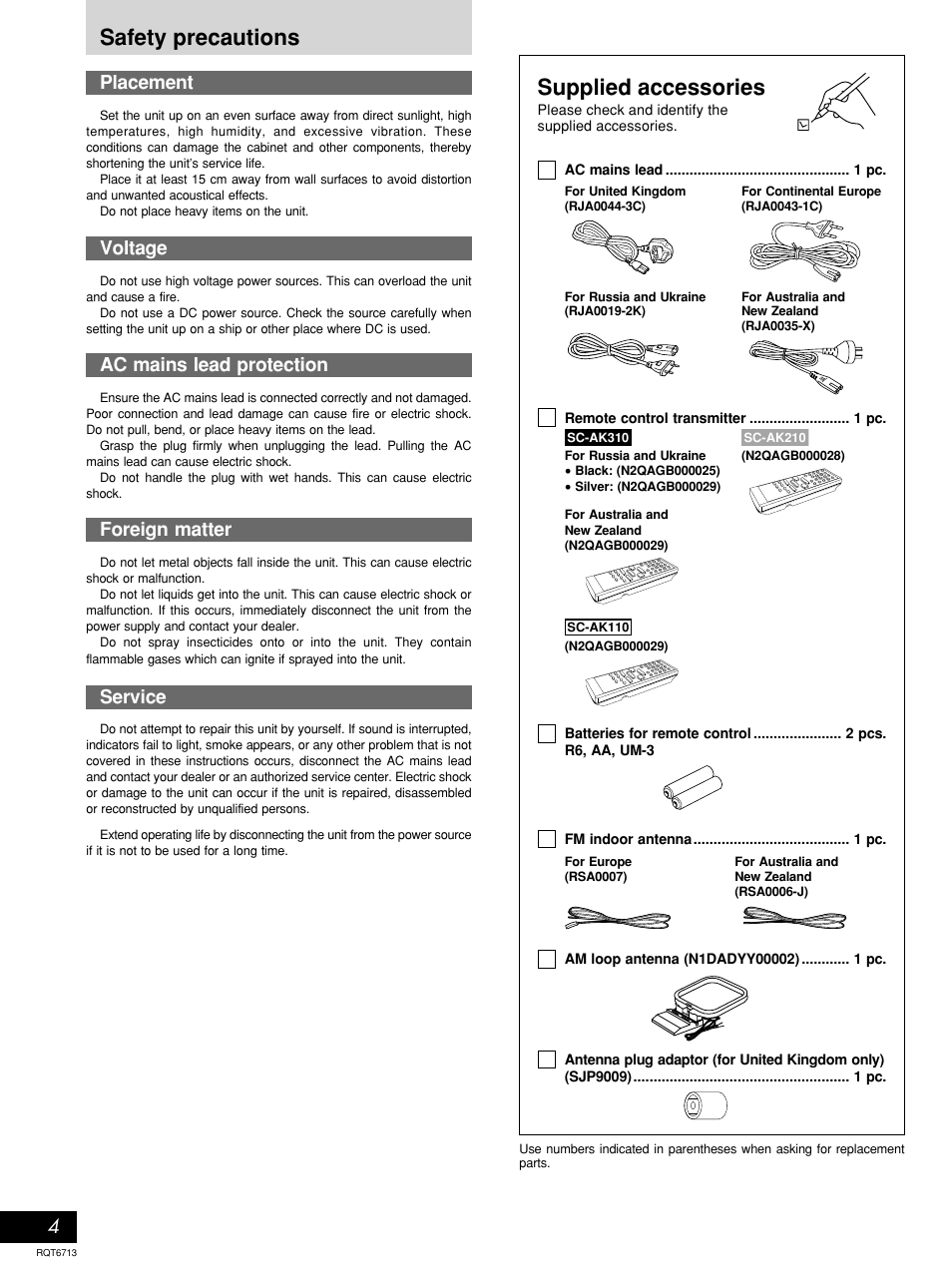 Supplied accessories, Safety precautions, Placement | Voltage, Ac mains lead protection, Foreign matter, Service | Panasonic SC-AK210 User Manual | Page 4 / 16