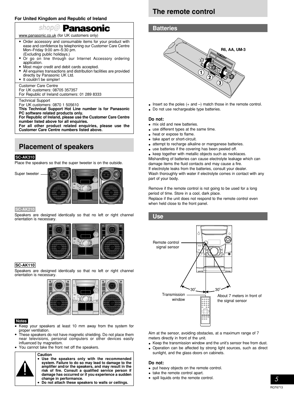 Shop, The remote control, Placement of speakers | 5batteries | Panasonic SC-AK210 User Manual | Page 5 / 16