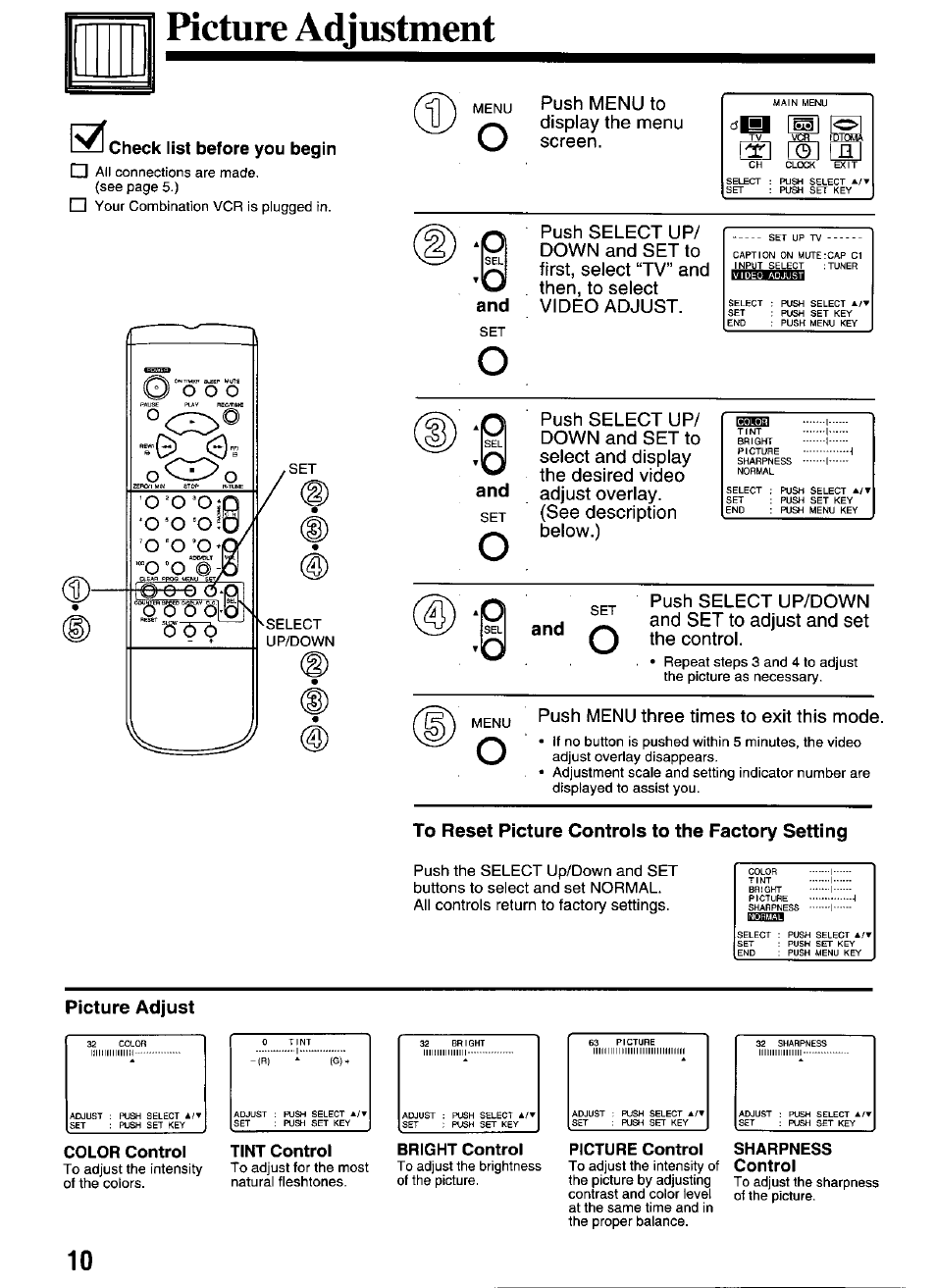 Check list before you begin, Color control, Tint control | Bright control, Picture control, Sharpness, Control, Picture adjustment si | Panasonic VCR PV-M1326 User Manual | Page 10 / 28