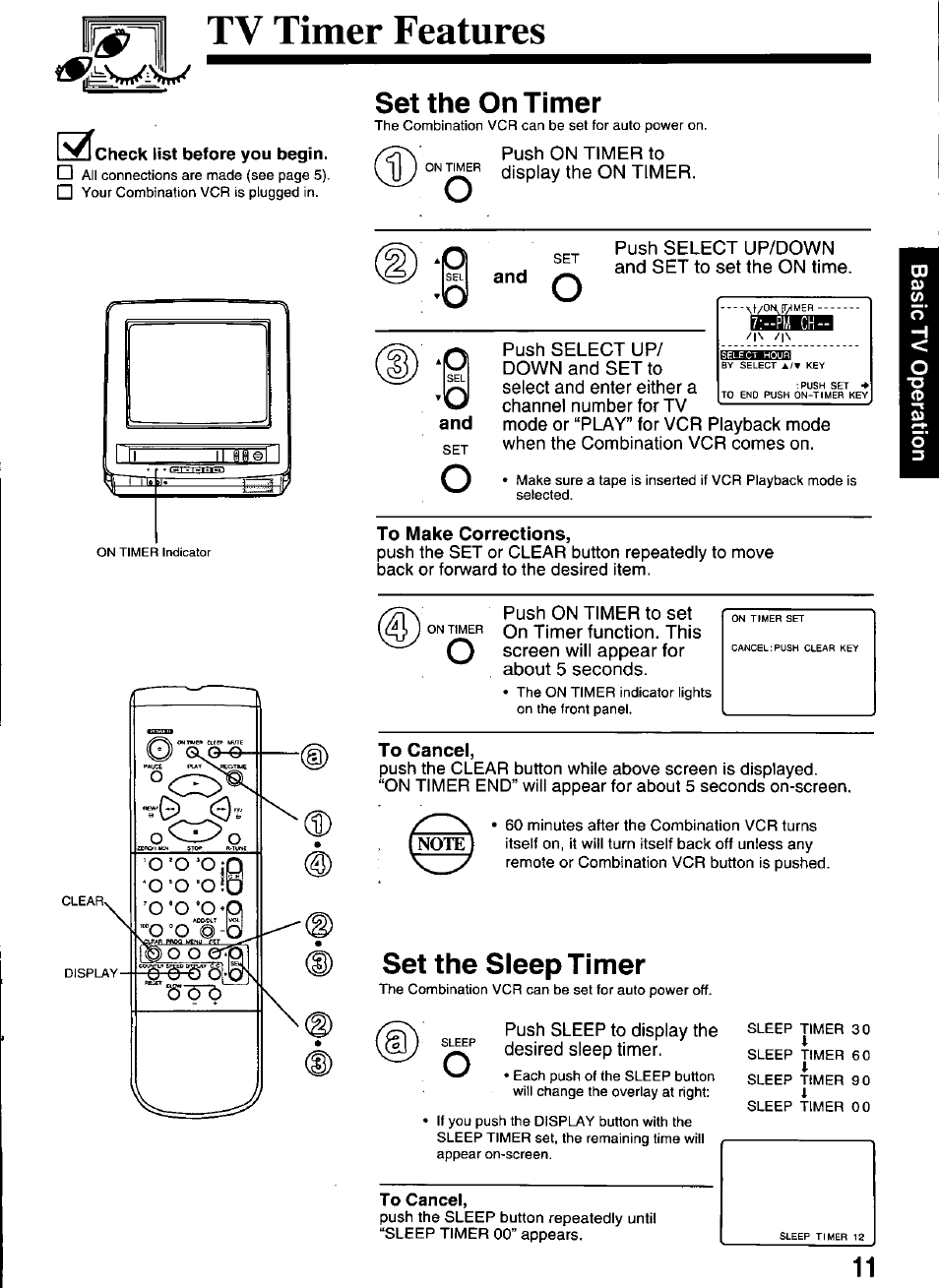 Check list before you begin, Set the on timer, To make corrections | To cancel, Set the sleep timer, Tv timer features | Panasonic VCR PV-M1326 User Manual | Page 11 / 28