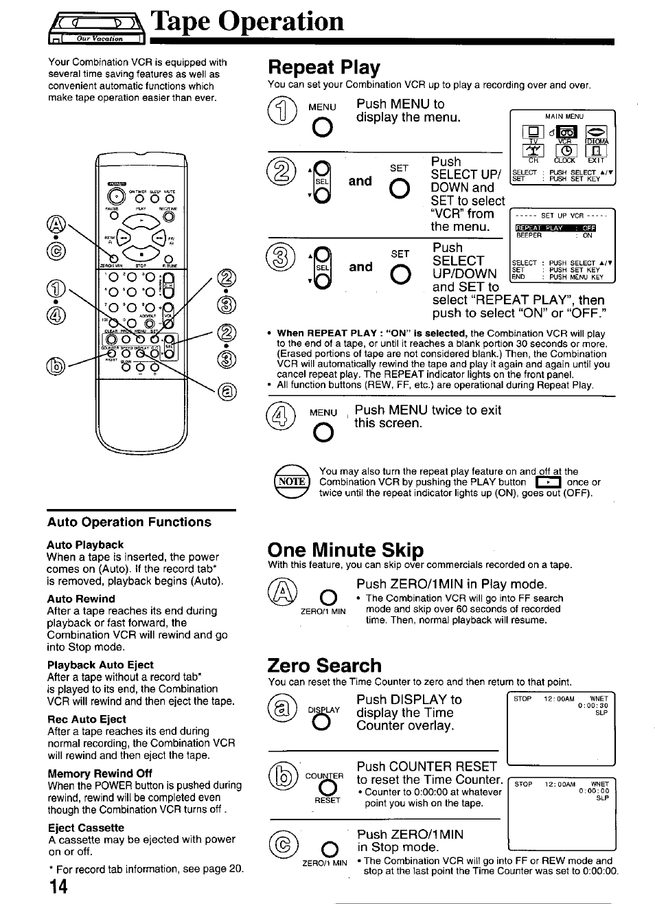 Auto operation functions, Auto repeat function, Tt )\ tape operation | Repeat play, One minute skip, Zero search | Panasonic VCR PV-M1326 User Manual | Page 14 / 28