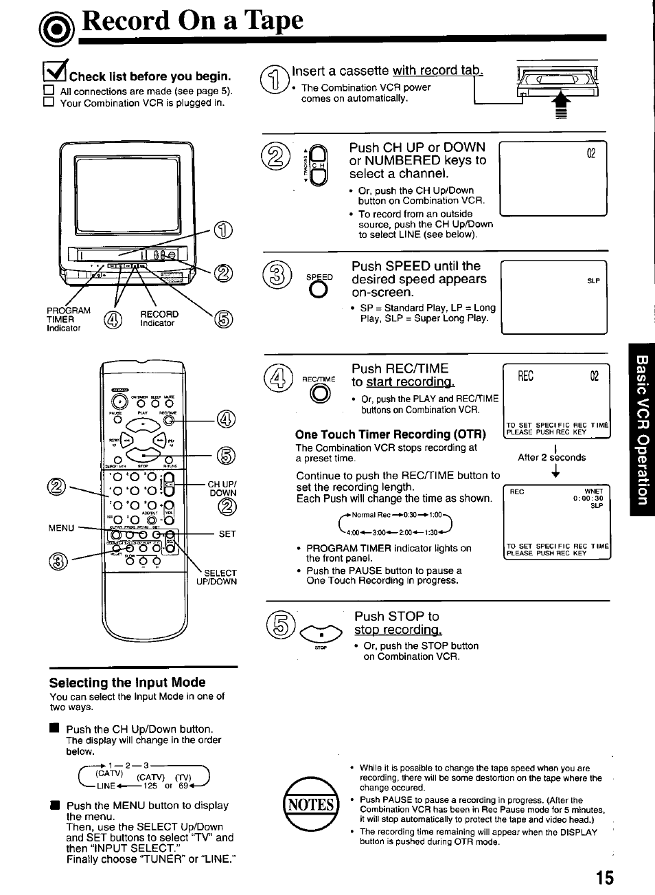 Check list before you begin, Selecting the input mode, One touch timer recording (otr) | One touch recording (otr), Record on a tape, Rec 02 | Panasonic VCR PV-M1326 User Manual | Page 15 / 28