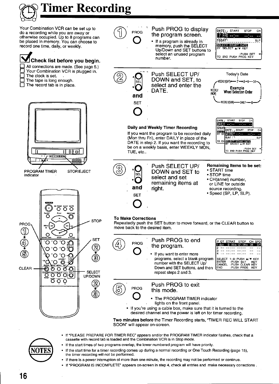 Heck list before you begin, Daily and weekly timer recording, Remaining items to be set | To make corrections, Timer recording | Panasonic VCR PV-M1326 User Manual | Page 16 / 28