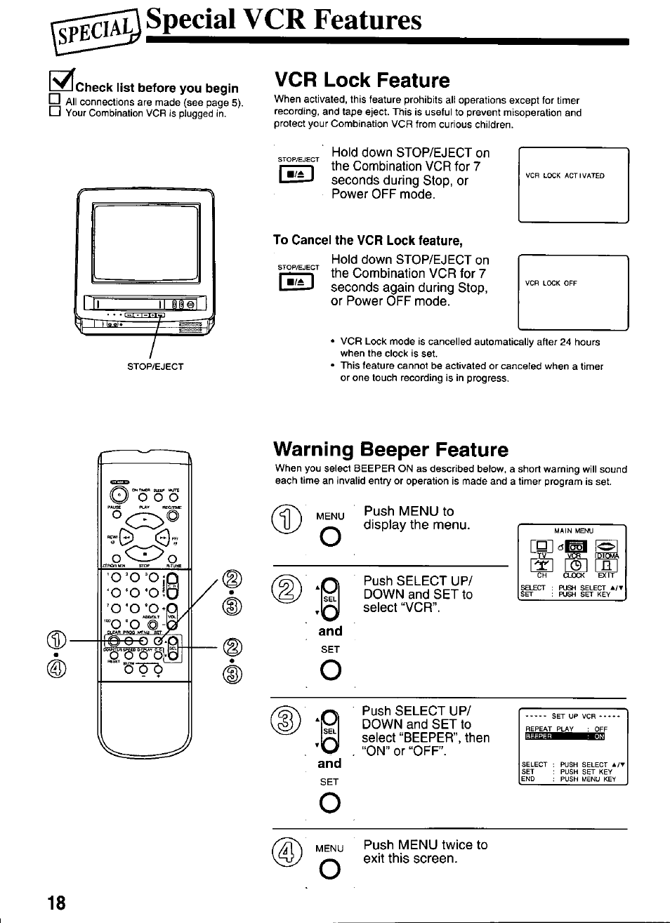 Speci, L^flcheck list before you begin, To cancel the vcr lock feature | Dal vcr features, Vcr lock feature, Warning beeper feature | Panasonic VCR PV-M1326 User Manual | Page 18 / 28