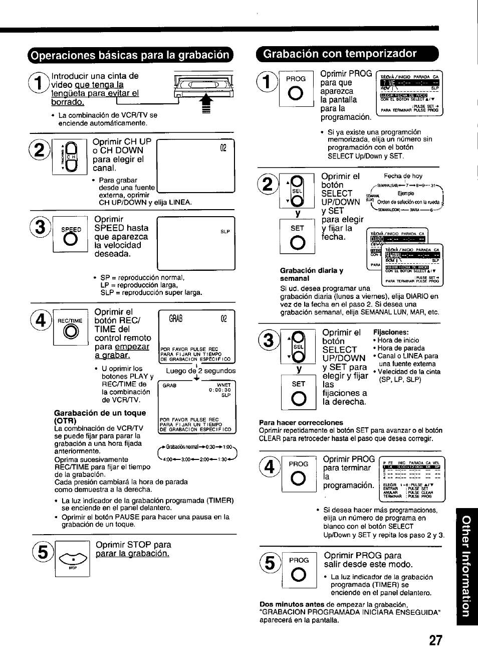 Grabación diaria y semanai, Fijaciones, Para hacer correcciones | Grab 02 | Panasonic VCR PV-M1326 User Manual | Page 27 / 28