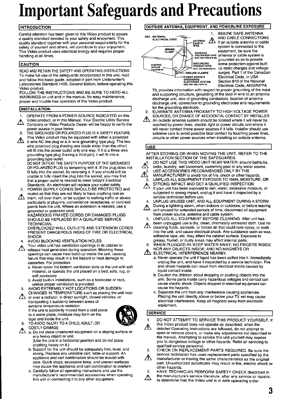 Important safeguards and precautions | Panasonic VCR PV-M1326 User Manual | Page 3 / 28