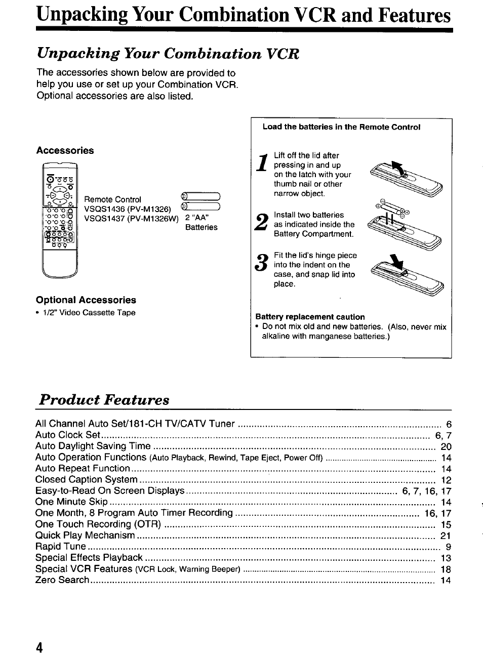 Accessories, Optional accessories, Unpacking your combination vcr and features | Unpiwking your combination vcr, Product features | Panasonic VCR PV-M1326 User Manual | Page 4 / 28