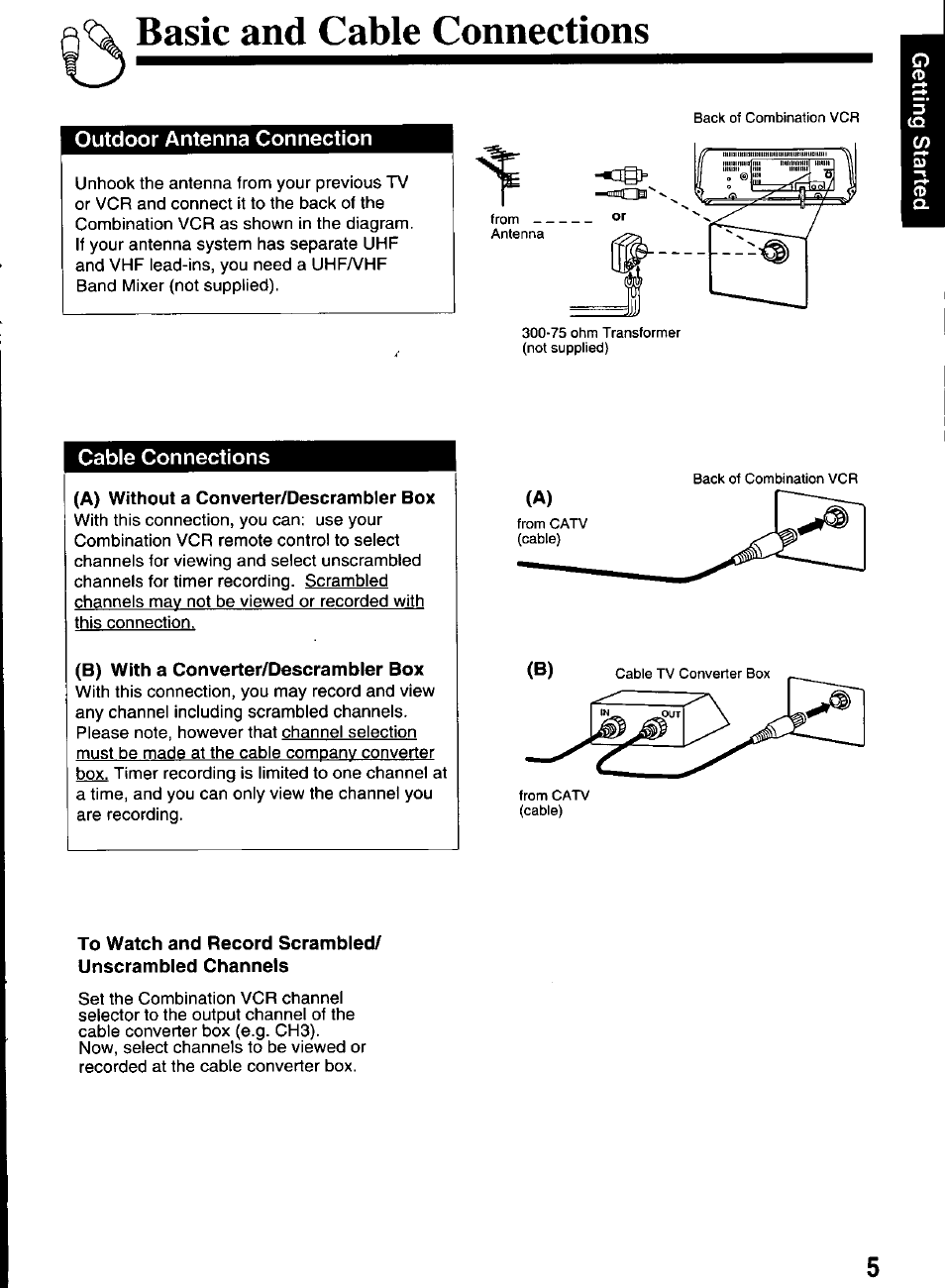 A) without a converter/descrambler box, B) with a converter/descrambler box, Basic and cable connections | Panasonic VCR PV-M1326 User Manual | Page 5 / 28