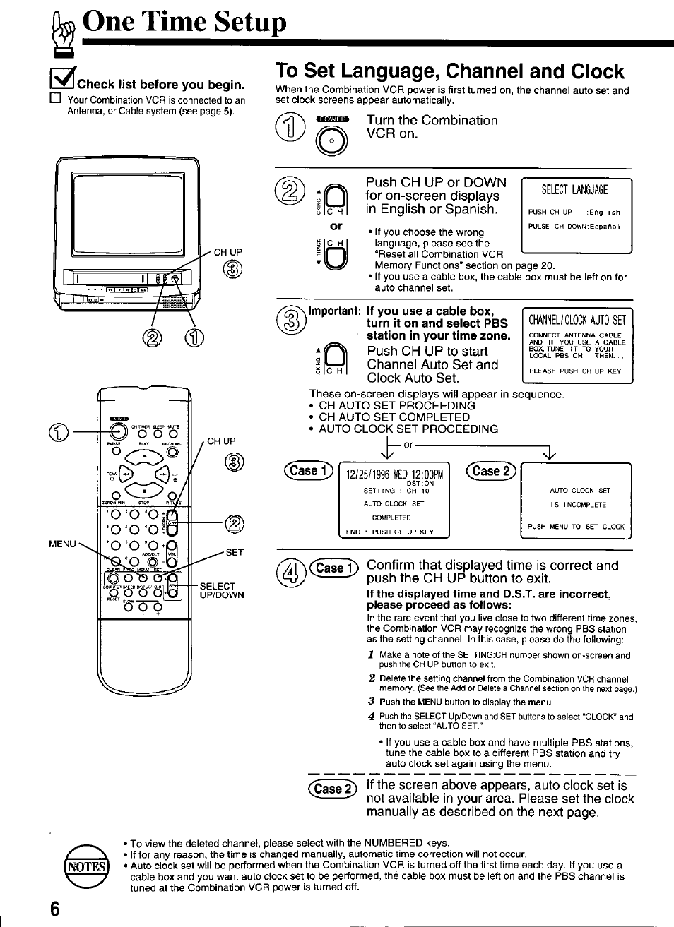 Check list before you begin, Important: if you use a cable box, Case 1) | Case j), One time setup, Channel/clock auto set | Panasonic VCR PV-M1326 User Manual | Page 6 / 28